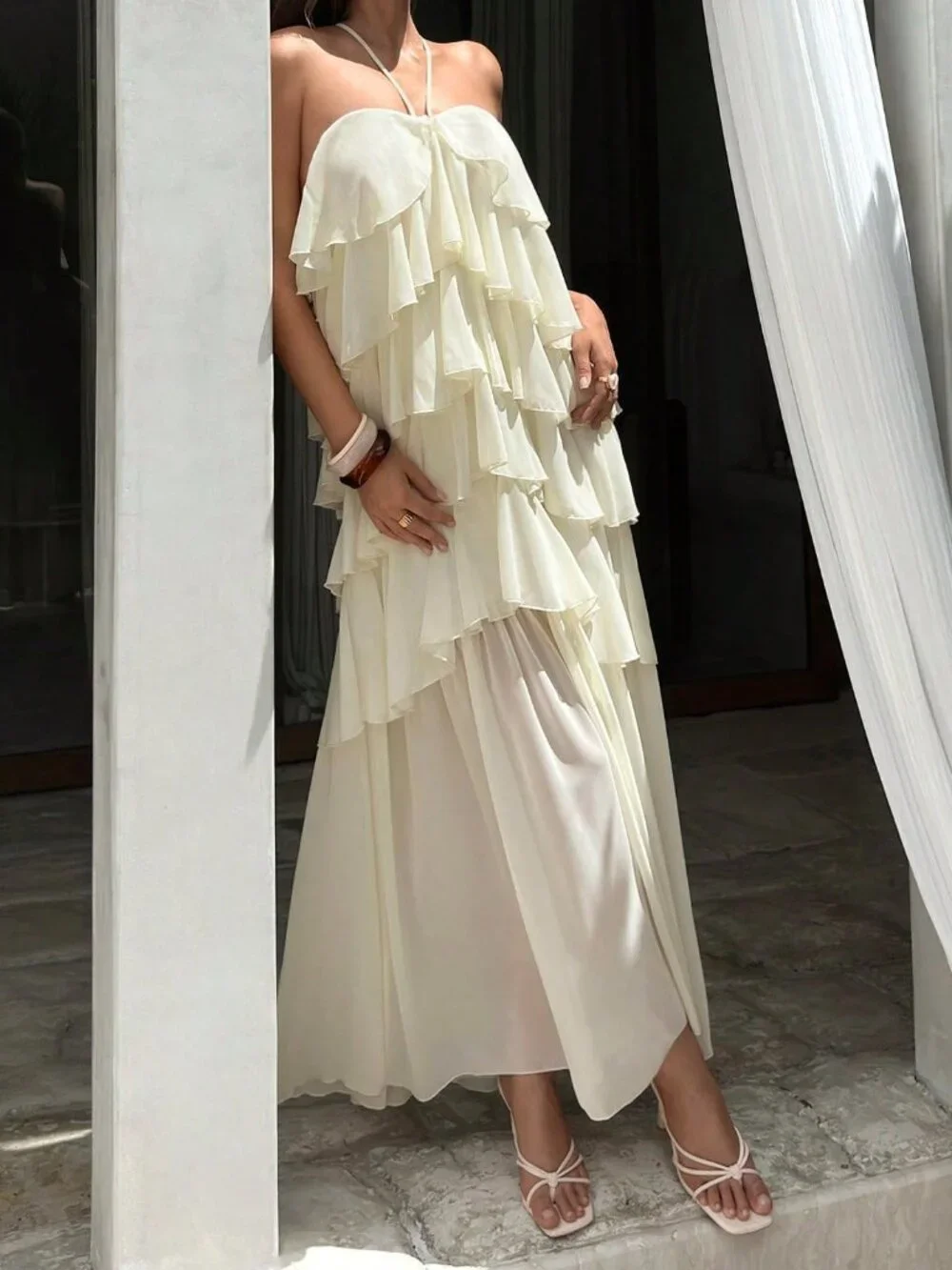 Apricot Boho Women's Elegant Romantic Layered Ruffle Halter Dress - Picture 6 of 7